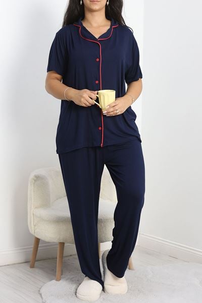 Modal Büyük Beden Düğmeli Pijama Takımı Lacivert - 745.1287.