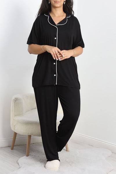 Modal Büyük Beden Düğmeli Pijama Takımı Siyah - 745.1287.