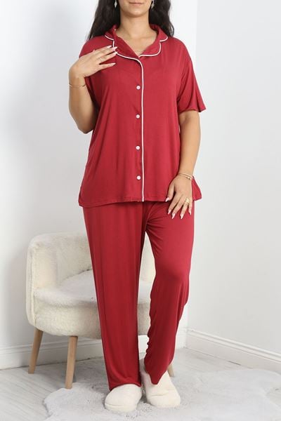 Modal Büyük Beden Düğmeli Pijama Takımı Bordo - 745.1287.