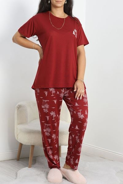 Büyük Beden Poliviskon Pijama Takımı Bordobeyaz - 50161.1048.