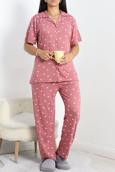 Poliviskon Büyük Beden Düğmeli Pijama Takımı Pembekalp - 50605.1961.