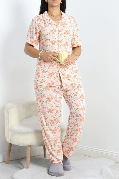 Poliviskon Büyük Beden Düğmeli Pijama Takımı Somon - 50605.1961.