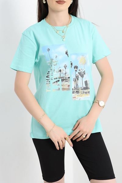 Baskılı Penye Tişört Mint - 41576.1567.