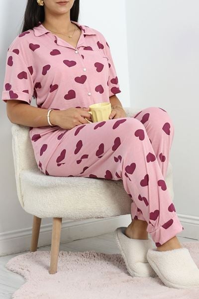 Poliviskon Büyük Beden Düğmeli Pijama Takımı Pudrakalp - 50605.1961.