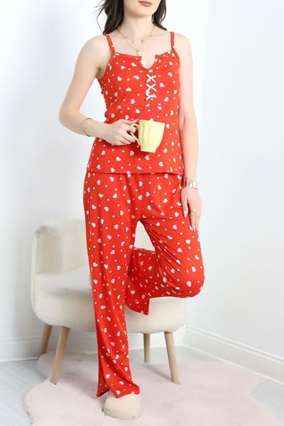 Milan Kumaş Fiyonklu Pijama Takım Kırmızıbeyaz - 50599.1857.