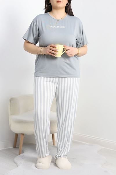 Enjeksiyon Baskı Büyük Beden Milan Pijama Takımı Griçizgili - 50617.1952.