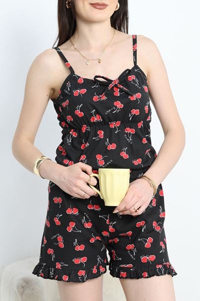 Büzgülü Süprem Şortlu Pijama Takımı Siyahkiraz - 50197.1857.