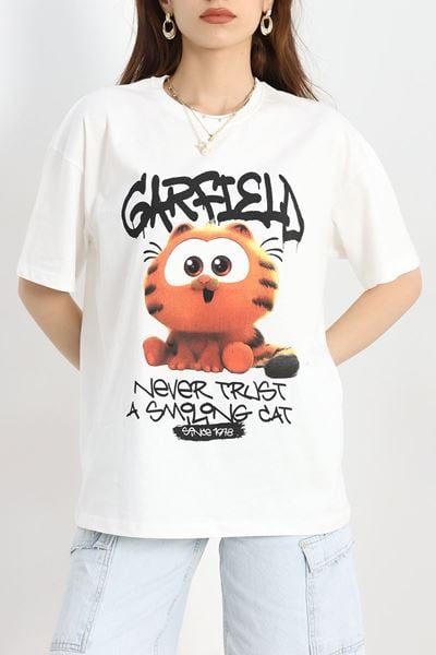 Baskılı Oversize Tişört Beyazturuncu - 40649.1872.