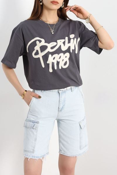 Baskılı Oversize Tişört Antrasit2 - 40649.1872.