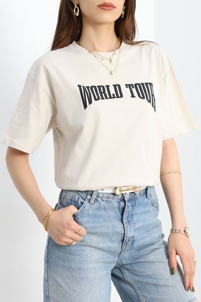 Baskılı Oversize Tişört Bej - 40649.1872.