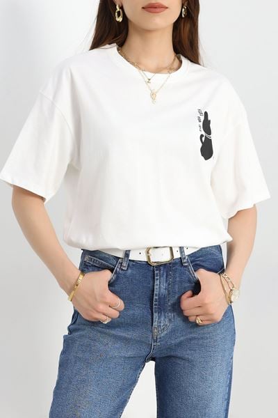 Baskılı Oversize Tişört Beyazsiyah2 - 40649.1872.