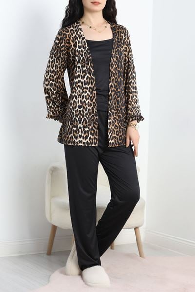 Milan Kumaş 3'Lü Set Pijama Takımı Siyahleopar - 70103.1857.