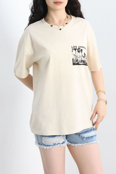 Baskılı Oversize Tişört Bejsiyah - 40649.1872.