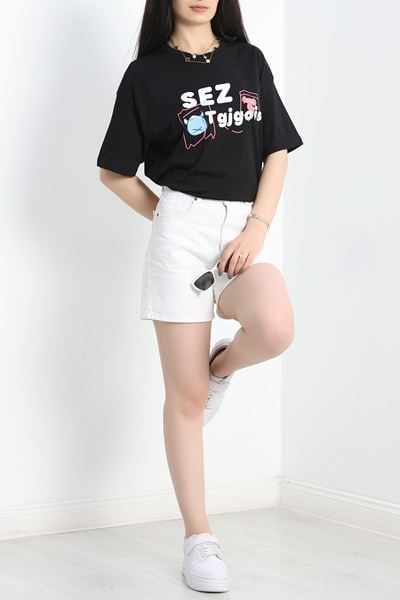 Baskılı Oversize Tişört Siyahpembe2 - 40637.1872.