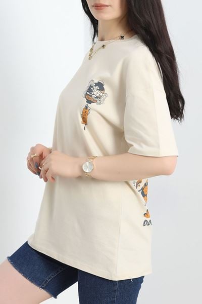 Baskılı Oversize Tişört Bejoranj - 40637.1872.