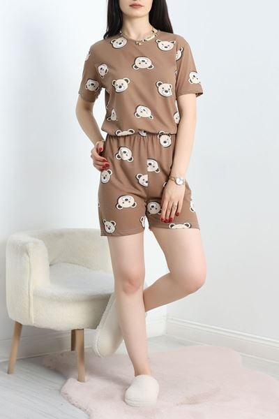 Alt Üst Aynı Viskon Şortlu Pijama Takımı Kahveayı - 50700.1961.
