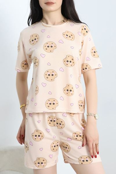 Alt Üst Aynı Viskon Şortlu Pijama Takımı Pudra - 50700.1961.