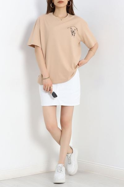 Baskılı Oversize Tişört Bisküvikahve - 40649.1872.