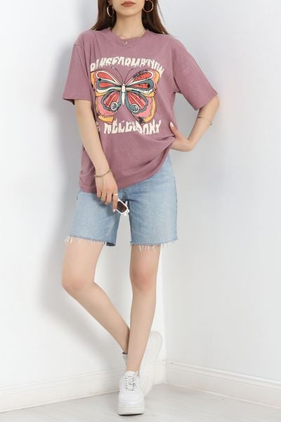 Baskılı Oversize Tişört Gülkurusu1 - 40649.1872.