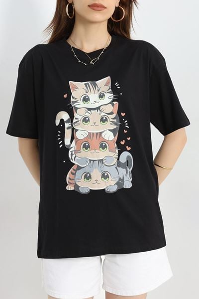 Baskılı Oversize Tişört Siyahtaş - 40649.1872.