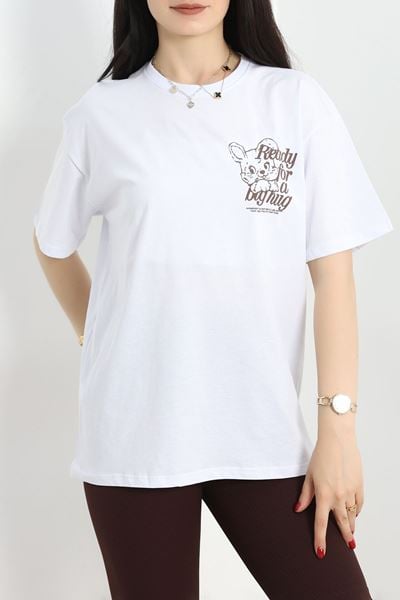 Baskılı Oversize Tişört Beyazkahve - 40637.1872.