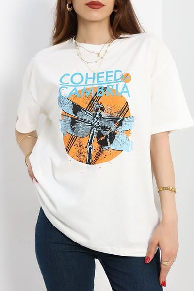 Baskılı Oversize Tişört Beyazturkuaz - 40637.1872.
