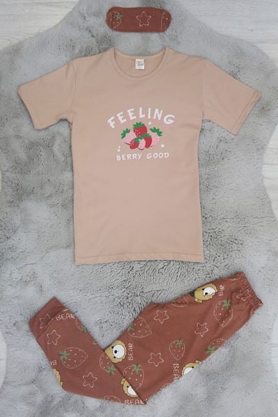 13-16 Yaş Göz Bantlı Penye Çocuk Pijama Takımı Sütlükahve - 50620.1951.