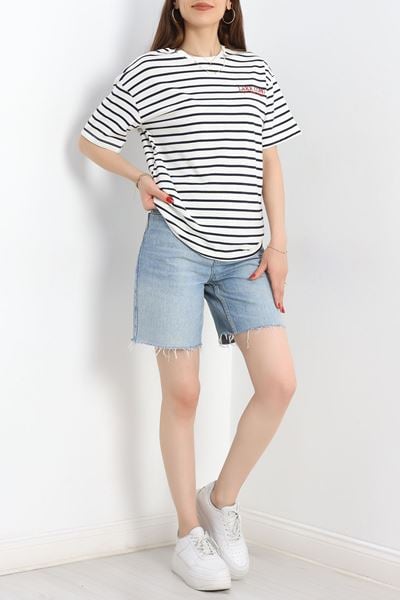 Baskılı Oversize Tişört Beyazçizgili - 40649.1872.