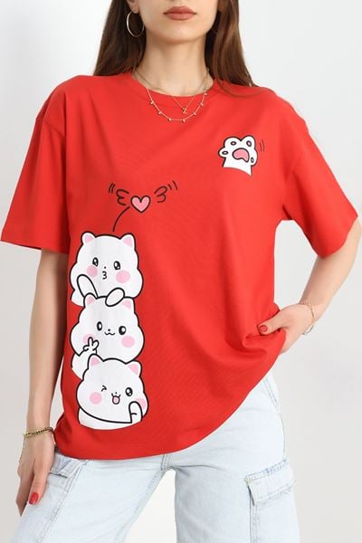 Baskılı Oversize Tişört Kırmızı - 40649.1872.