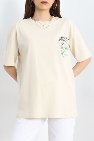 Baskılı Oversize Tişört Bejyeşil - 40637.1872.