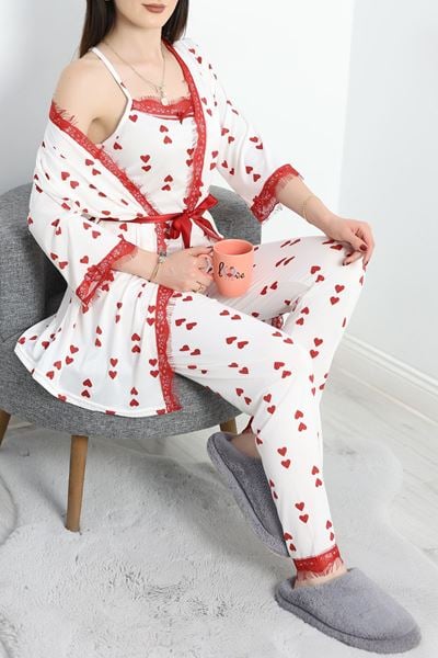 Milan Kumaş 3'Lü Pijama Set Beyazkırmızı - 50147.1857.