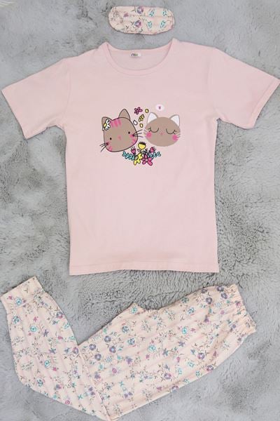 10-13 Yaş Göz Bantlı Penye Çocuk Pijama Takımı Pudra - 42025.1951.