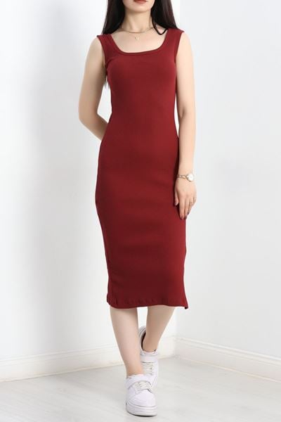 Kare Yaka Yırtmaçlı Elbise Bordo - 90338.1567.