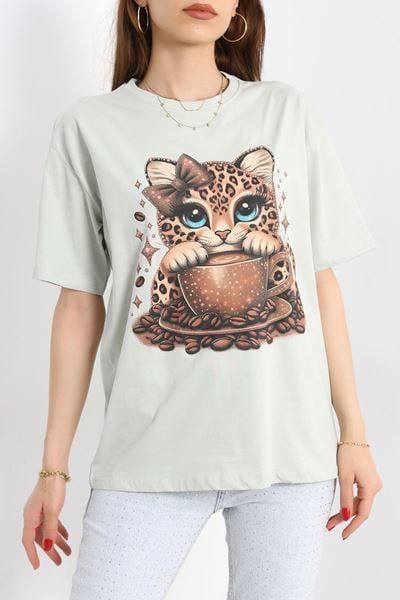 Baskılı Oversize Tişört Mintkahve - 40637.1872.