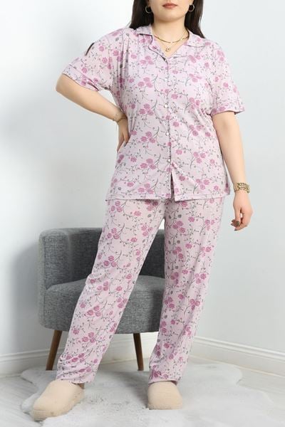 Poliviskon Büyük Beden Düğmeli Pijama Takımı Lila - 50605.1961.