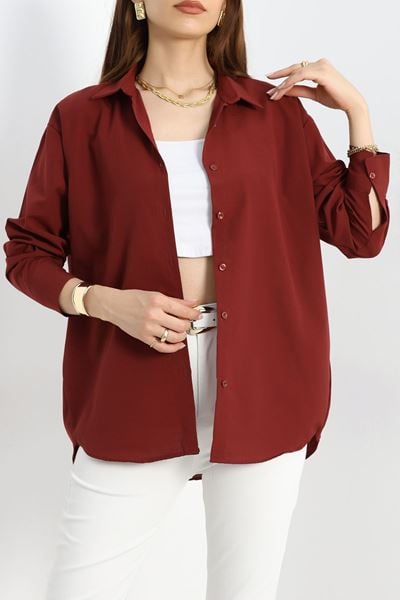 Terikoton Oversize Gömlek Bordo - 30829.1949.